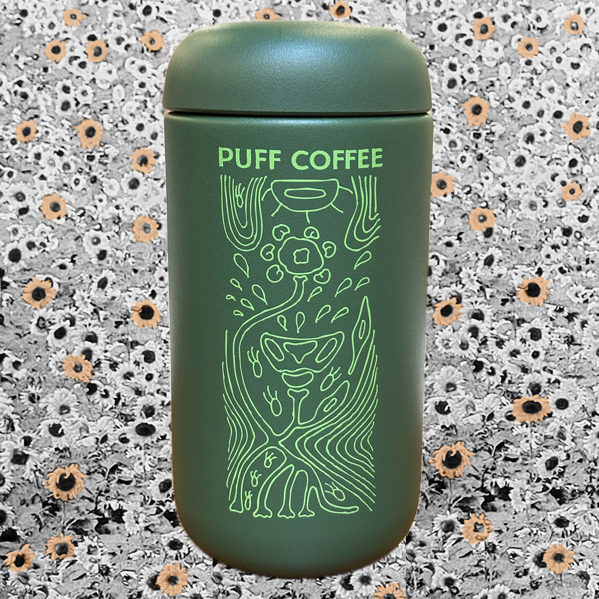 Green thermos with 'Puff Coffee' branding on a patterned background