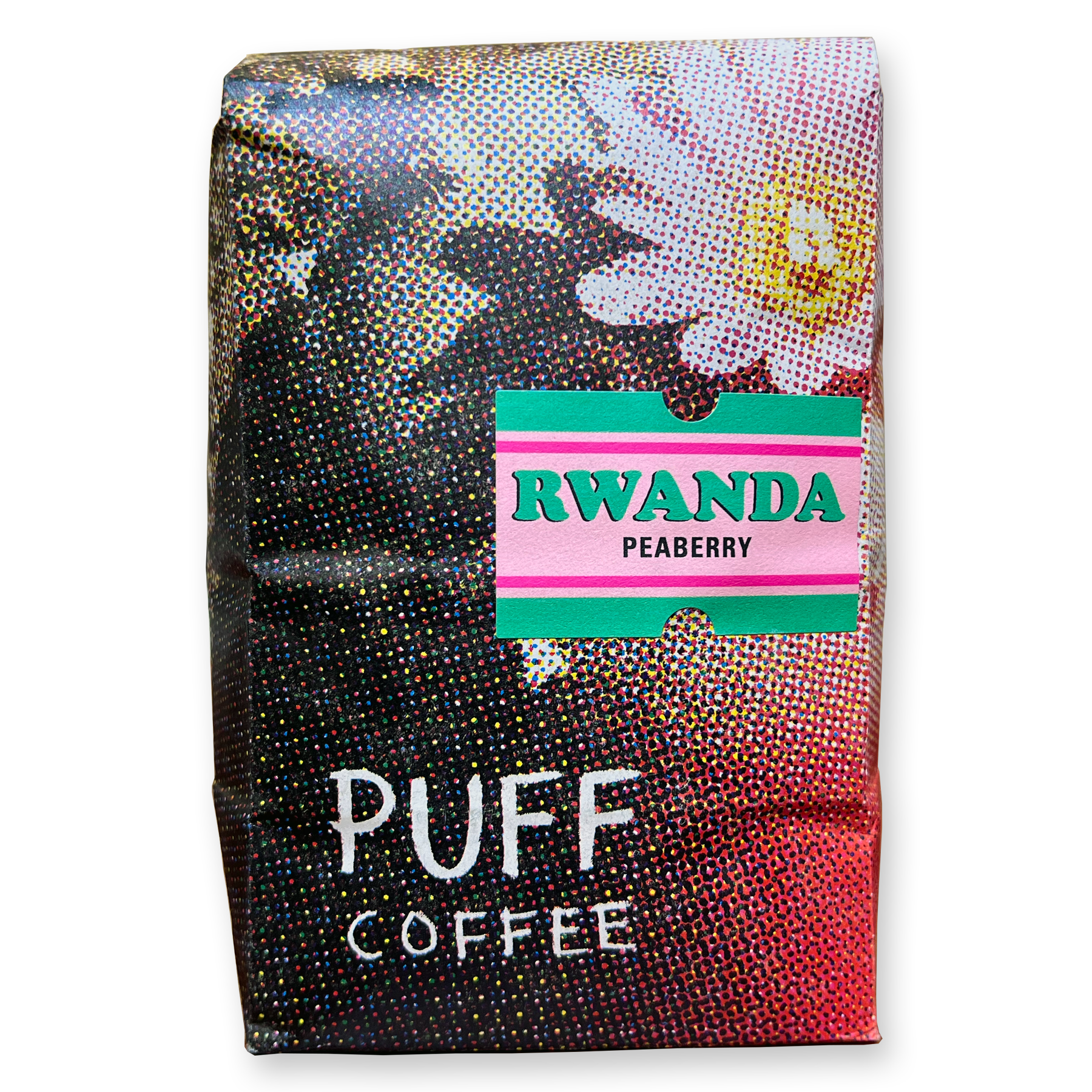Bag of Puff Rwanda Peaberry coffee with bright, colorful label and playful design