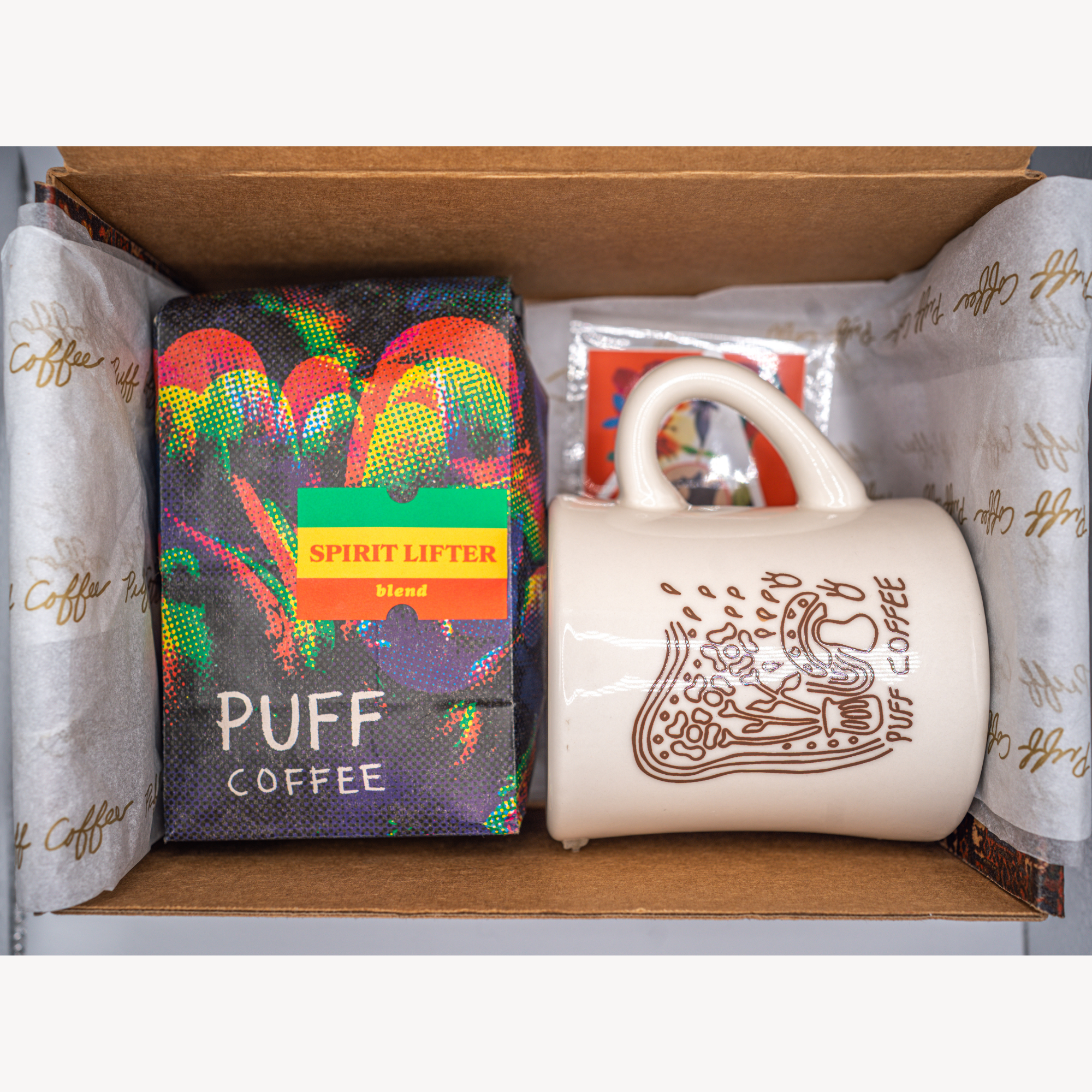 Puff Coffee spirit lifter and mug in a gift box