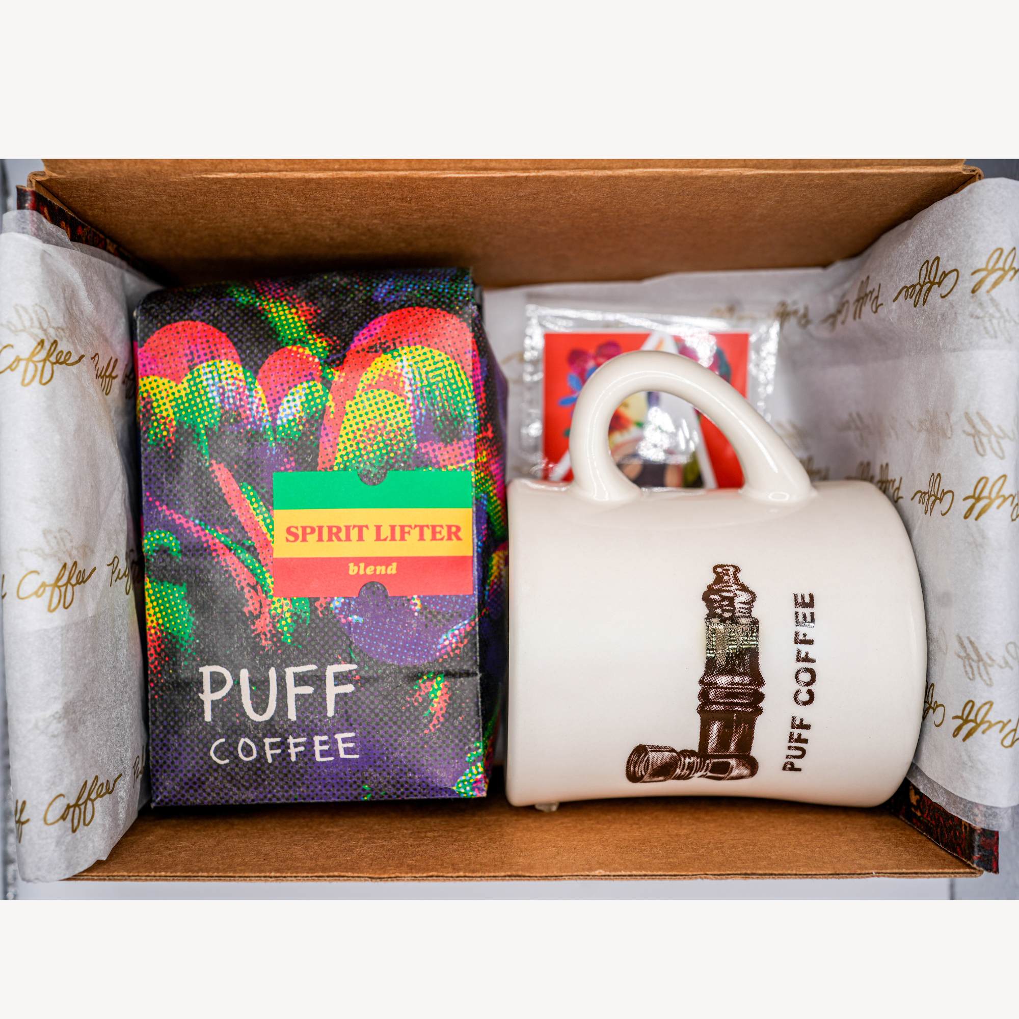 Puff Coffee gift box with coffee and mug