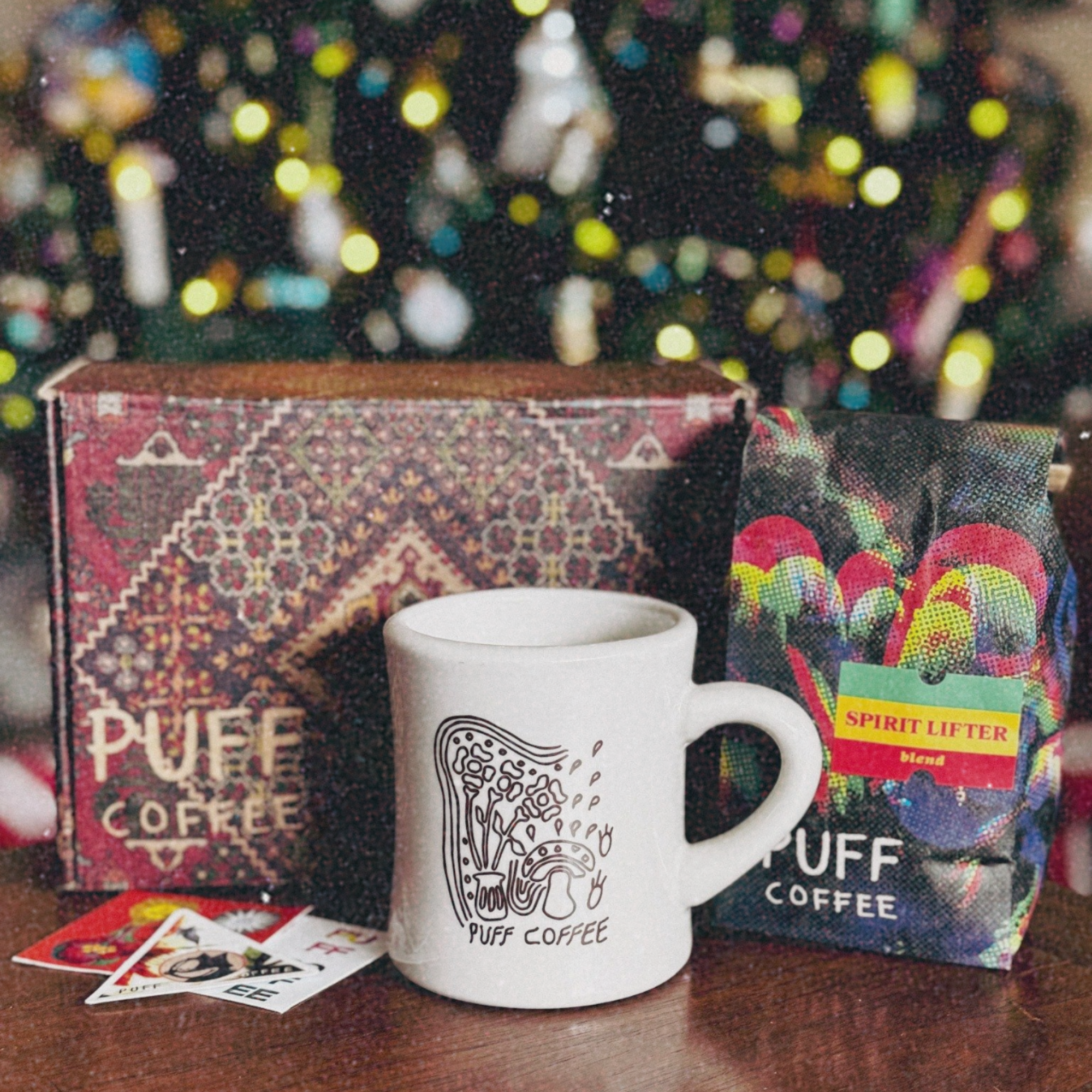 Puff Coffee mushroom mug and packaging with a festive background